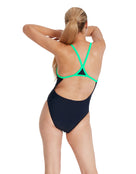 Speedo - Hyperboom Turnback Swimsuit - Navy Blue/Green - Model Back