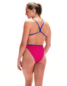 Speedo - Solid V Back Swimsuit - Pink/Blue - Model Back Pose