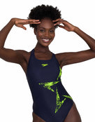 Speedo Womens Boomstar Placement Racerback Swimsuit - Navy/Yellow - Front Close Up