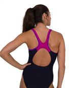 Speedo Womens Logo Splice Muscleback One Piece Swimsuit - Navy/Purple - Back Close Up