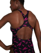 Speedo - Womens Boom Logo Allover Medalist Swimsuit - Back Close Up - Pink