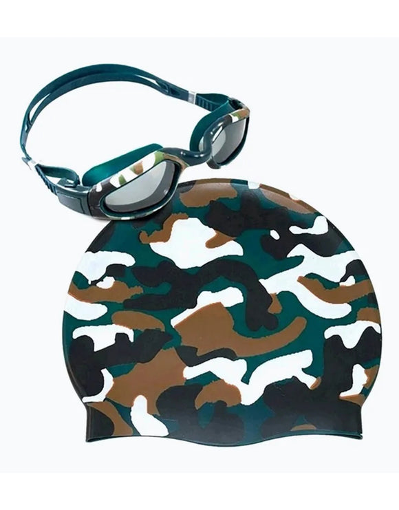 Adult Silicone Swimming Cap & Goggle Set - Camo