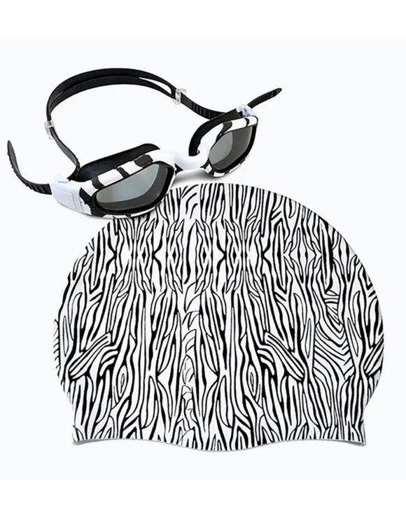 Adult Silicone Swimming Cap & Goggle Set - Zebra