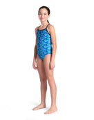 Arena - Girls Pooltiles Lightdrop Swimsuit - Black/Blue Multi - Model Front Full Body
