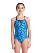 Arena - Girls Pooltiles Lightdrop Swimsuit - Black/Blue Multi - Model Front