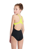 Arena - Girls Swim Pro Graphic Print Swimsuit - Black/Soft Green - Model Back