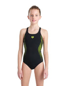 Arena - Girls Swim Pro Graphic Print Swimsuit - Black/Soft Green - Model Front