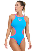 Arena-women-swimsuit-one-big-logo-one-piece-turquoise_pink-model-front