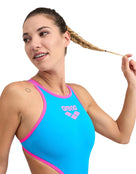 Arena-women-swimsuit-one-big-logo-one-piece-turquoise-pink-model-side