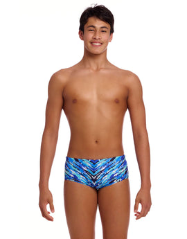 Funky Trunks - Boys Fur Seal Sidewinder Swim Trunks - Blue - Model Front