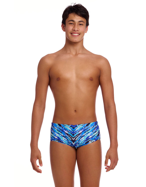 Funky Trunks - Boys Fur Seal Sidewinder Swim Trunks - Blue - Model Front