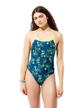 Speedo - Club Training Printed Turnback Swimsuit - Navy/Green - Model Front