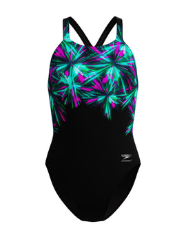 Speedo - Club Training Placement Printed Powerback Swimsuit - Black/Green/Pink - Product Front
