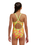 Funkita - Girls Little Dotty Diamond Back Swimsuit - Yellow/Pink - Model Back