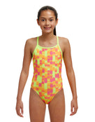 Funkita - Girls Little Dotty Diamond Back Swimsuit - Yellow/Pink - Model Front