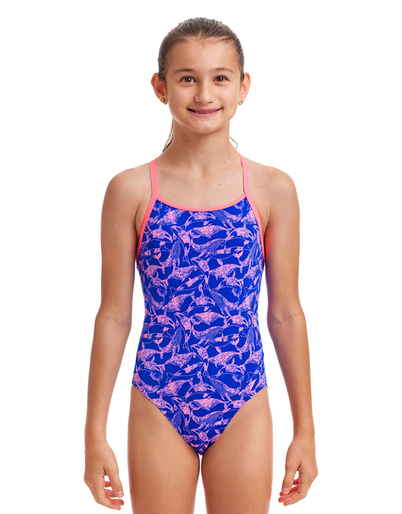 Funkita - Girls Minky Pinky Diamond Back Swimsuit - Blue/Pink - Model Front