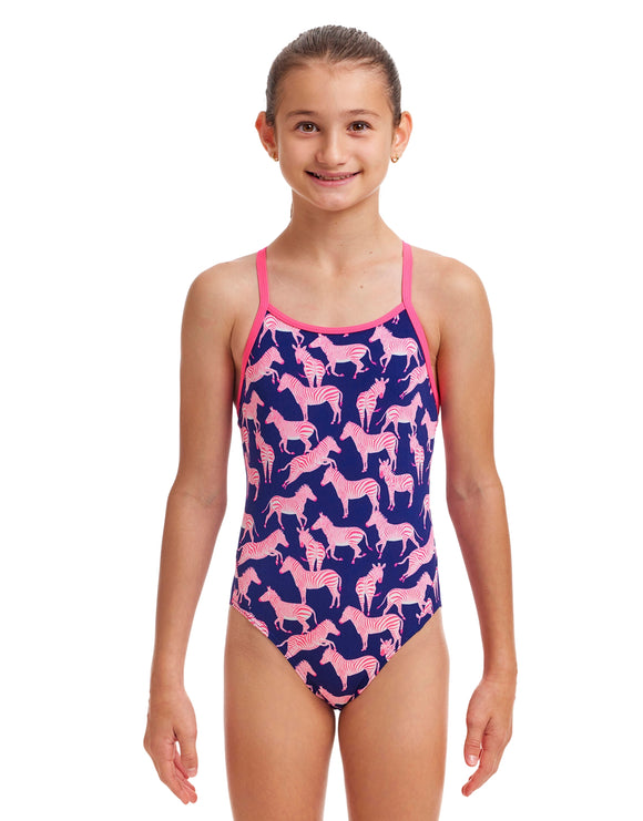 Funkita - Girls Sweet Stripes Diamond Back Swimsuit - Navy/Pink - Model Front