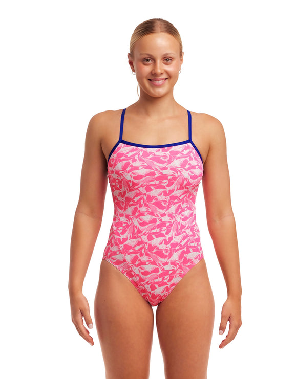 Funkita - Womens Beached Bae Single Strap Swimsuit - Pink/Blue - Model Front
