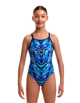 Funkita - Girls Fur Seal Diamond Back Swimsuit - Blue - Model Front