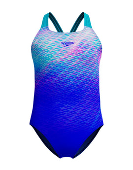 Speedo - Girls Allover Printed Powerback Swimsuit - Blue/Turquoise - Product Front