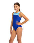 Zoggs - Girls Fishdom Infinity Back Swimsuit - Blue - Model Front/Side