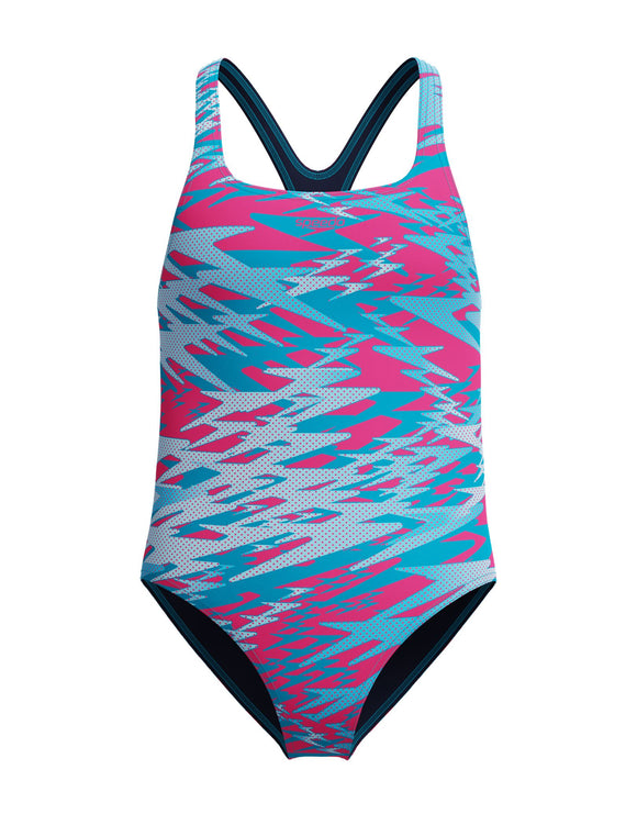 Speedo - Girls Hyperboom Printed Medalist Swimsuit - Blue/Pink - Product Front