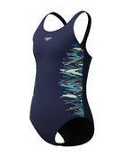 Speedo - Girls Placement Muscleback Swimsuit - Navy/Green - Product Front/Side