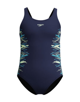 Speedo - Girls Placement Muscleback Swimsuit - Navy/Green - Product Front