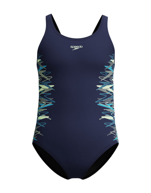 Speedo - Girls Placement Muscleback Swimsuit - Navy/Green - Product Front