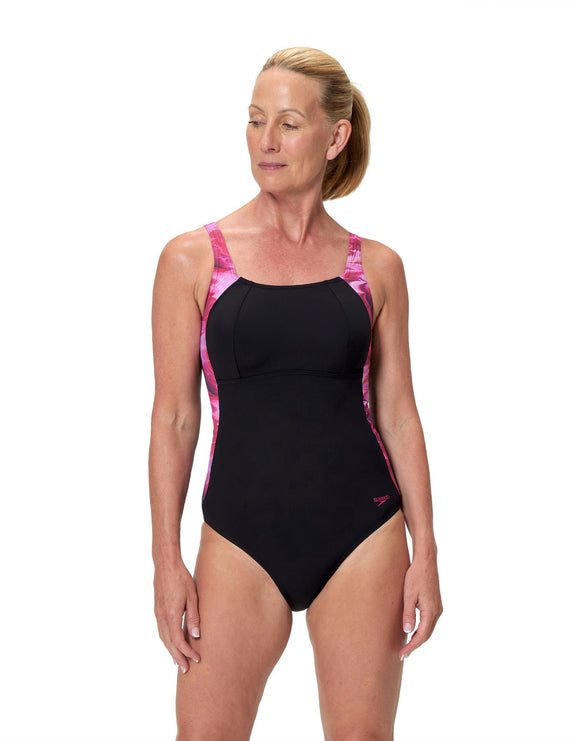 Speedo - Luna Lustre Printed Swimsuit - Black/Pink - Model Front