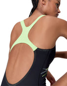 Speedo - Medley Logo Medalist Swimsuit - Black/Light Green - Model Back Close Up