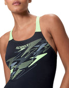 Speedo - Medley Logo Medalist Swimsuit - Black/Light Green - Model Front Close Up