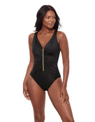 Miraclesuit - Razzle Dazzle Zipt Swimsuit - Black - Model Front/Side with Pose