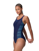 Speedo - Placement  Muscleback Swimsuit - Navy/Light Blue - Model Side