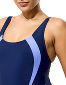 Speedo - Quantum Contour Swimsuit - Navy/Purple - Model Front/Side Close Up