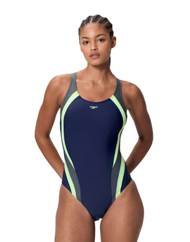 Speedo - Quantum Rib Splice Swimsuit - Navy/Light Green - Model Front