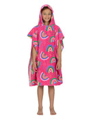 Zoggs - Rainbow Magenta Kids Poncho Hooded Towel Robe - Pink - Age 5-10 - Model Front with Hood