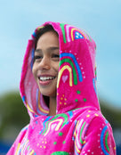 Zoggs - Rainbow Magenta Kids Poncho Hooded Towel Robe - Pink - Product in Use Close Up