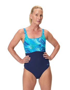 Speedo - Shaping Contour Eclipse Printed Swimsuit - Navy/Blue - Model Front