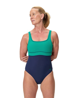 Speedo - Shaping Contour Eclipse Solid Swimsuit - Teal/Navy - Model Front