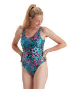 Speedo - Womens Allover Deep U-Back Swimsuit - Blue/Black - Model Front