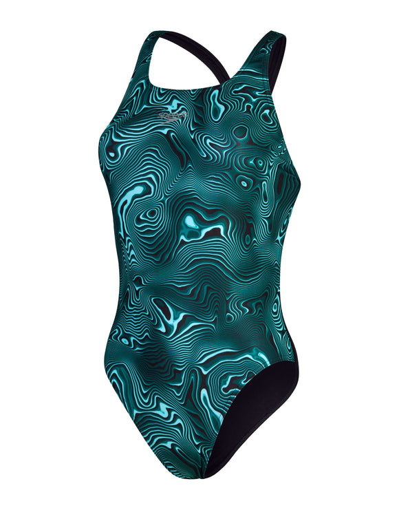 Speedo Allover Digital Powerback Swimsuit - Black/Green | Simply Swim ...