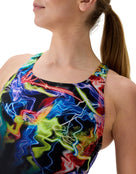 Speedo - Club Training Printed Powerback Swimsuit - Black/Multi - Model Front Close Up