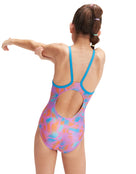 Speedo - Girls Allover Thinstrap Muscleback Swimsuit - Purple/Orange - Model Back