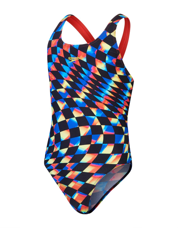 Speedo - Girls Digital Allover Leaderback Swimsuit - Black/Red - Product Front