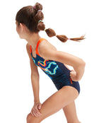 Speedo - Girls Digital Placement Splashback Swimsuit - Navy/Orange - Model Side