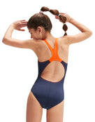 Speedo - Girls Digital Placement Splashback Swimsuit - Navy/Orange - Model Back
