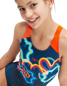 Speedo - Girls Digital Placement Splashback Swimsuit - Navy/Orange - Model Front Close Up