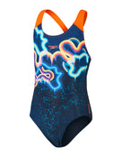 Speedo - Girls Digital Placement Splashback Swimsuit - Navy/Orange - Product Front