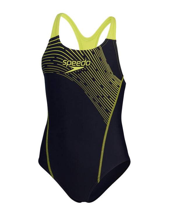 Speedo - Girls Medley Logo Medalist Swimsuit - Navy/Yellow - Product Front